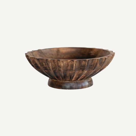 Scalloped Edge Carved Wood Footed Bowl