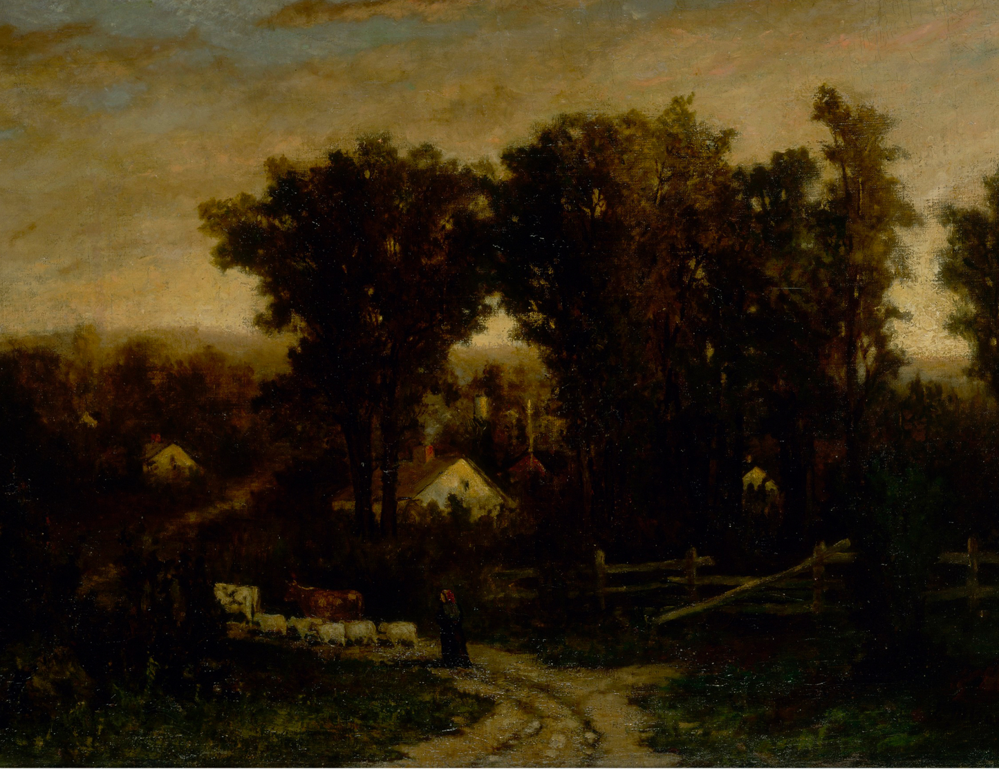 Woman With Cattle And Sheep At Dusk